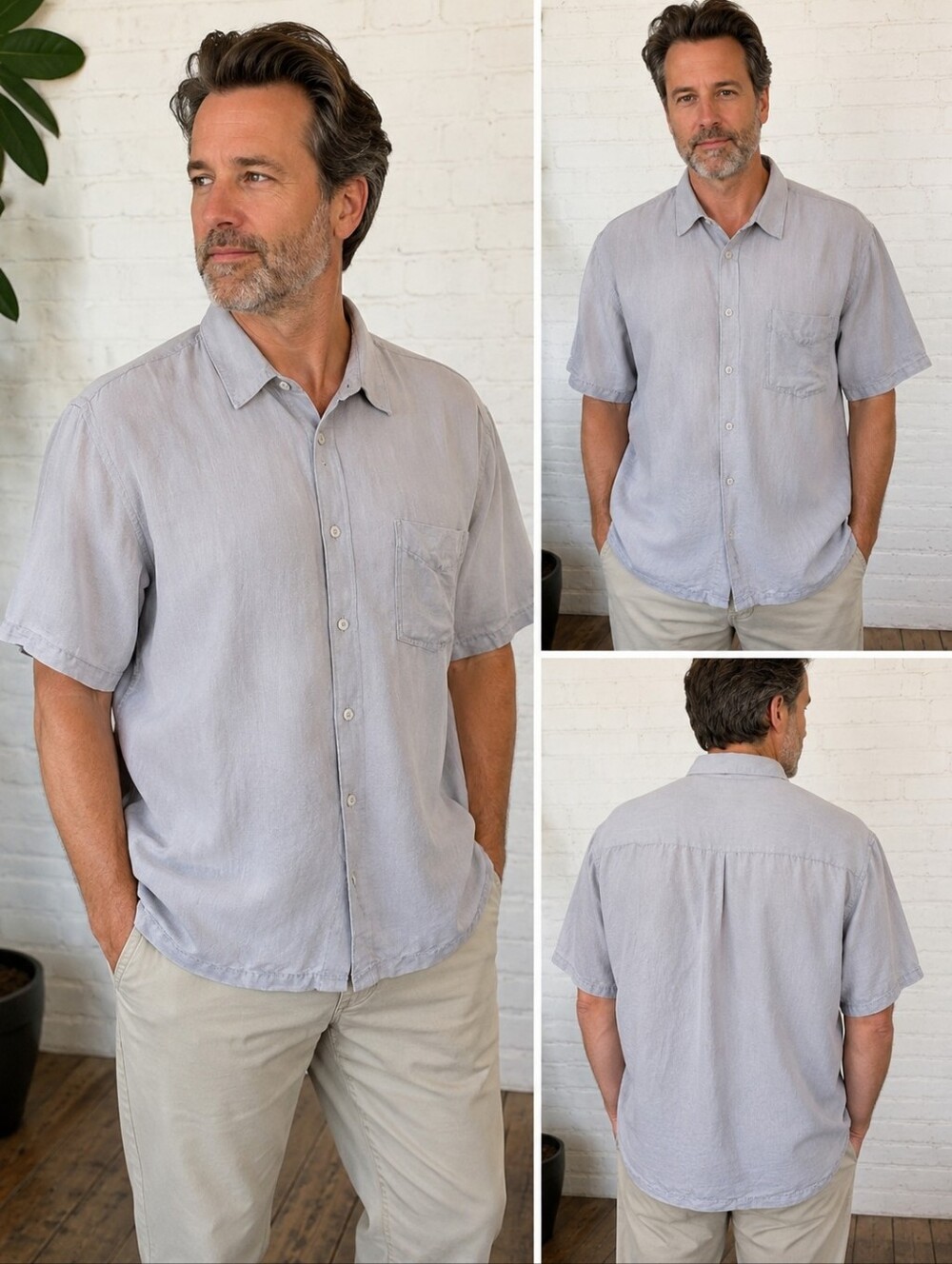 jhane barnes mens large linen silk blend short sleeve button front shirt blue